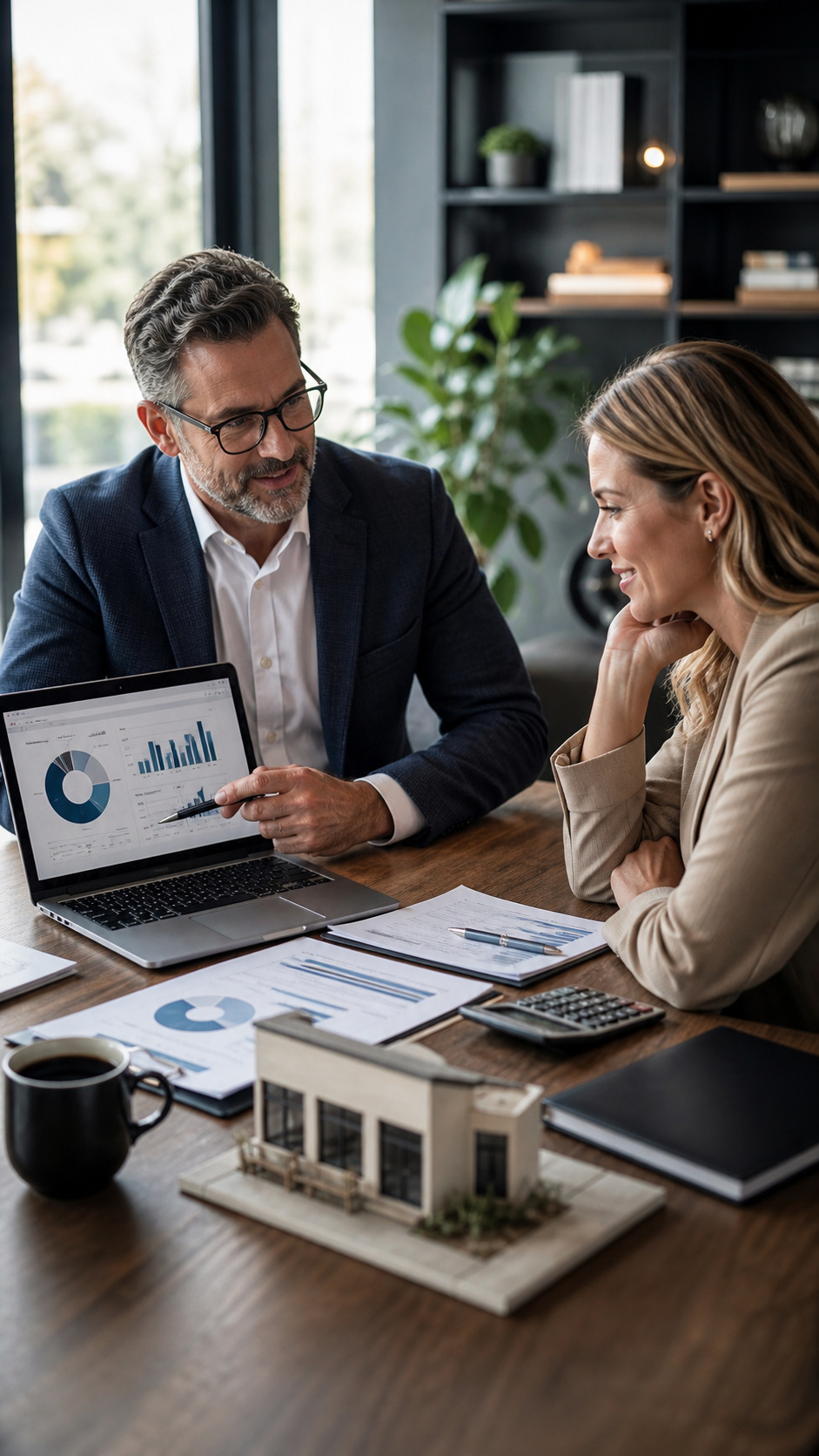Small business advisor reviewing financial charts with a client during a counseling session